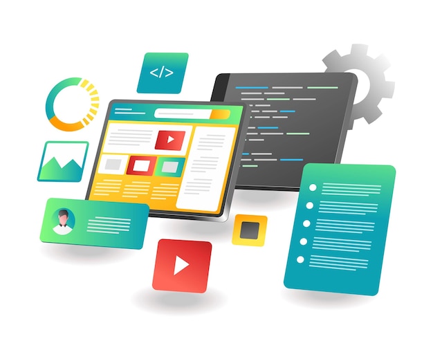 Layout di progettazione web dell'applicazione per sviluppatori di concetto di pagina di destinazione dell'illustrazione isometrica piatta