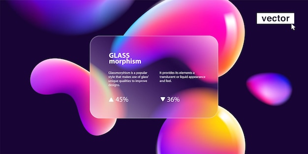Layout trasparente in stile glassmorphism su sfondo scuro Cornice di vetro su forme astratte sfocate