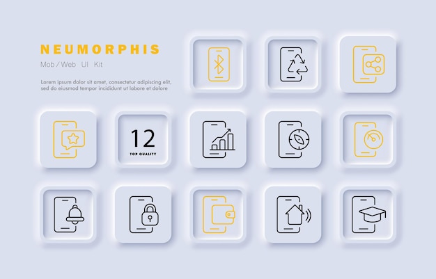 Le app del telefono impostano l'icona Istruzione online apprendimento a distanza casa intelligente portafoglio serratura campana di sicurezza bancaria speedtest bussola comunicazione stella condivisione social network tecnologia Neomorfismo