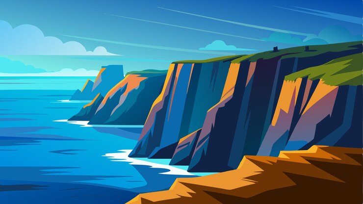 Vettore le aspre scogliere che si protendevano nel mare sono una testimonianza del potere della natura che fornisce uno sfondo stupefacente alle infinite acque blu e alla vasta costa