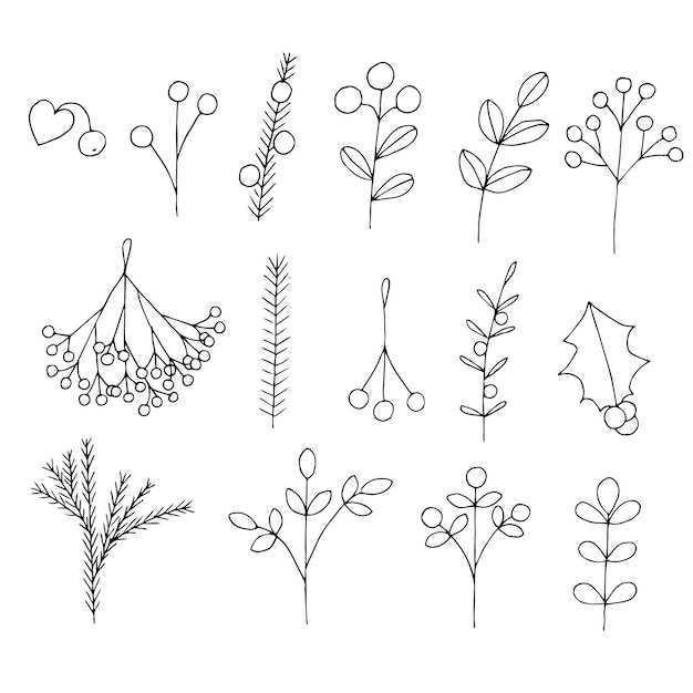 Le bacche e le piante di Natale hanno impostato gli scarabocchi del disegno della mano dell'illustrazione di vettore