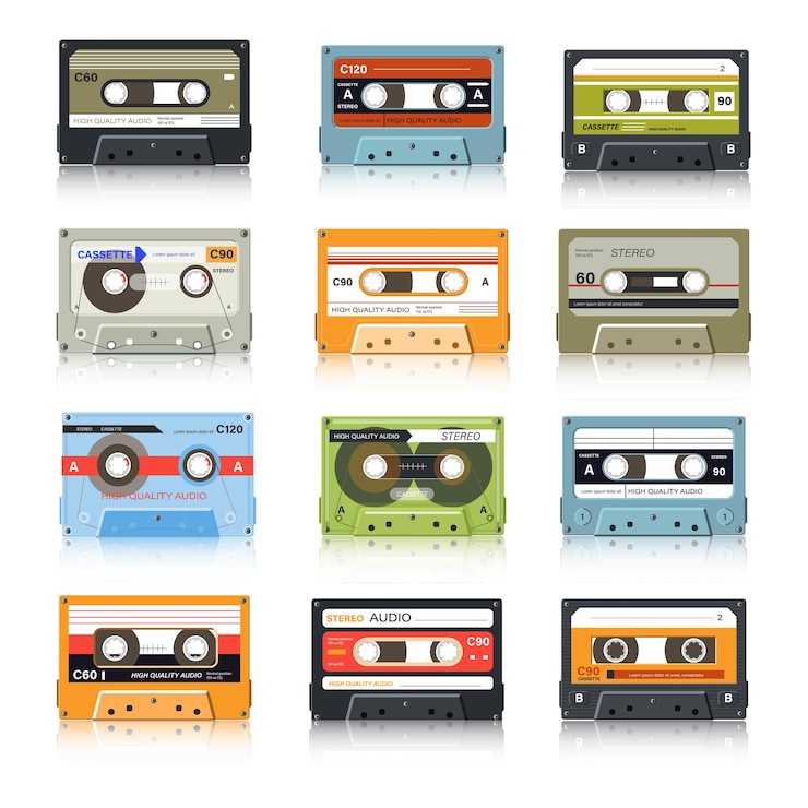 Vettore le cassette audio retrò registrano le icone isolate del dispositivo multimediale vintage