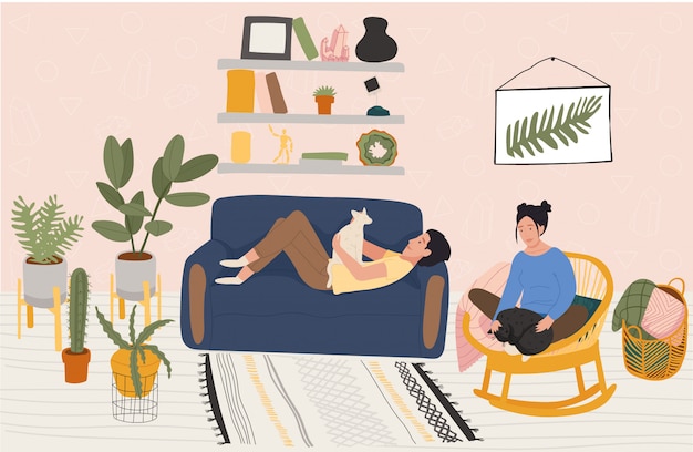 Le coppie riposano a casa, la gente si rilassa in appartamento accogliente, illustrazione