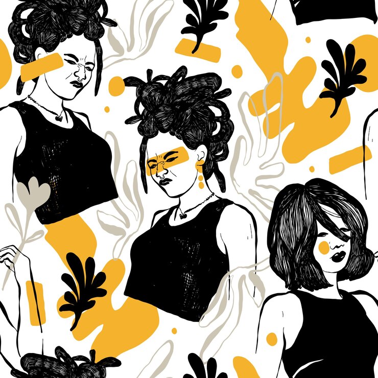 Vettore le donne astratte moderne affrontano il modello senza cuciture. illustrazione alla moda di contorno disegnato a mano. colori neri