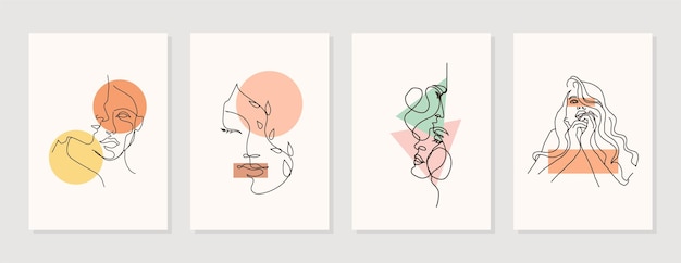 Le donne minimaliste della linea astratta moderna affrontano le arti con forme diverse per la decorazione della parete