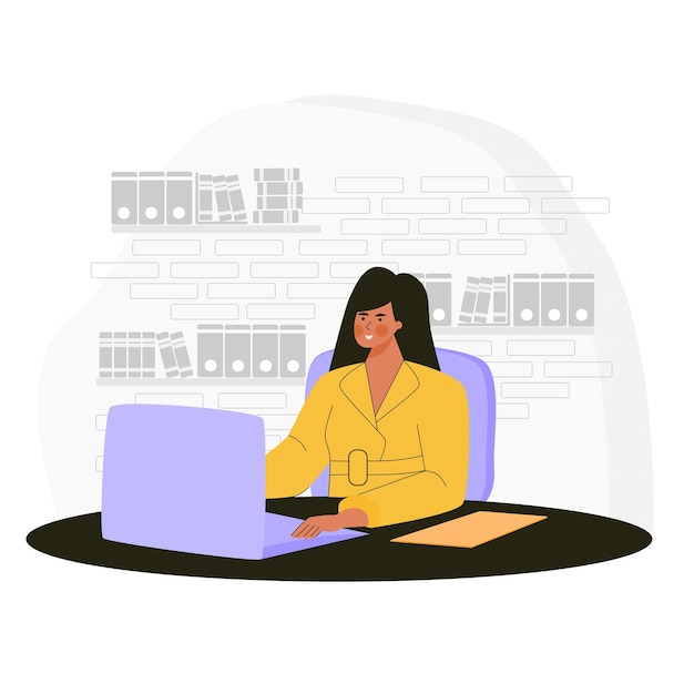 Le donne professionali lavorano in ufficio con l'illustrazione del carattere piatto del computer portatile.