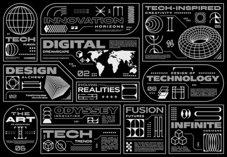 Vettore le etichette retro-futuristiche del cyberpunk chiamano le note