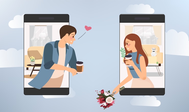 Vettore le giovani coppie felici usano il telefono cellulare per comunicare per il social distanza