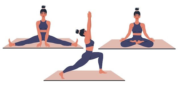 Le giovani donne fanno yoga fitness che si estende sulla stuoia di yoga Ragazza in abbigliamento sportivo seduto nella posa del loto Vettore