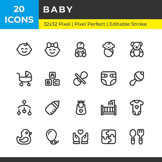 Le icone dei bambini sono costituite da semplici icone di linea e tratto modificabile in 32 x 32 pixel perfetti