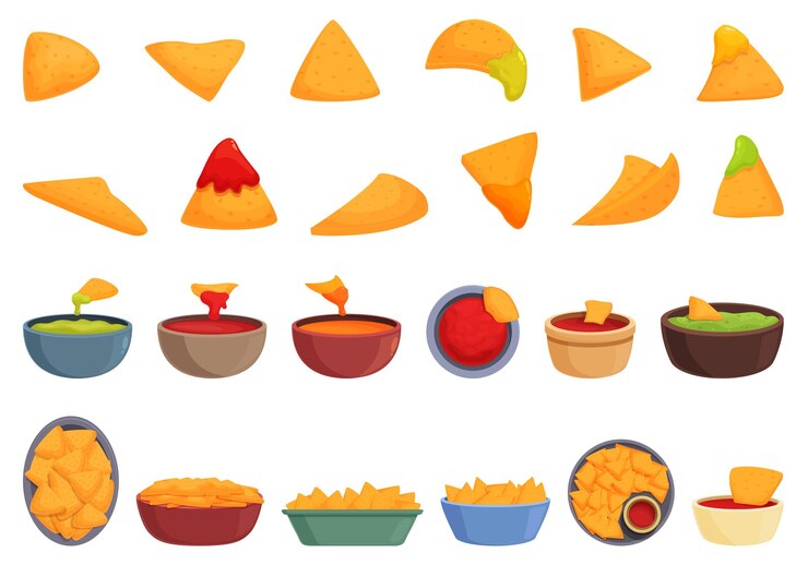 Vettore le icone dei nachos hanno impostato il vettore dei cartoni animati salsa messicana