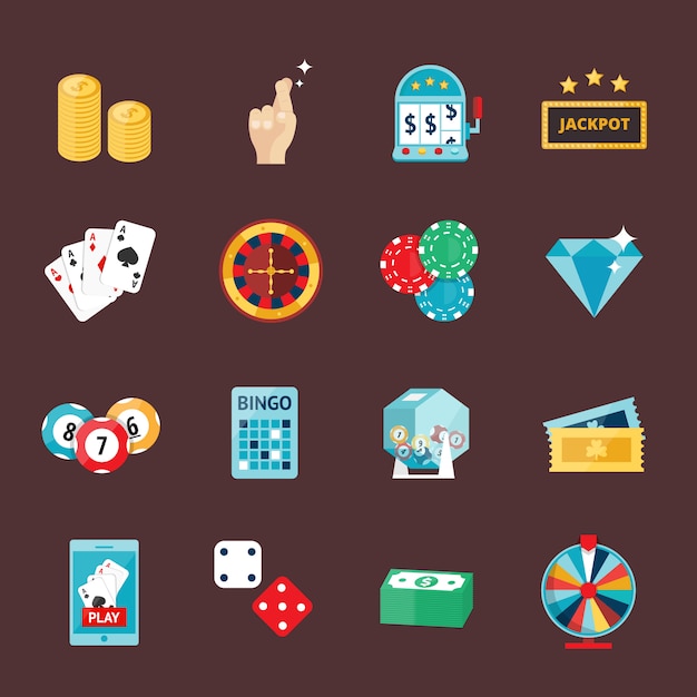 Le icone del casinò messe con la slot machine del burlone del giocatore delle roulette hanno isolato l&#39;illustrazione di vettore.