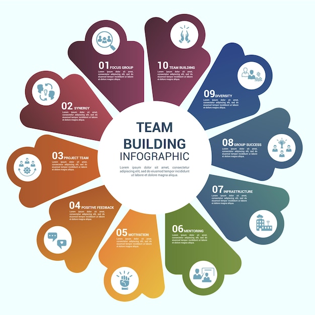 Le icone del modello di lavoro di squadra infografico in diversi colori includono la pianificazione della visione della fiducia del lavoro di squadra e