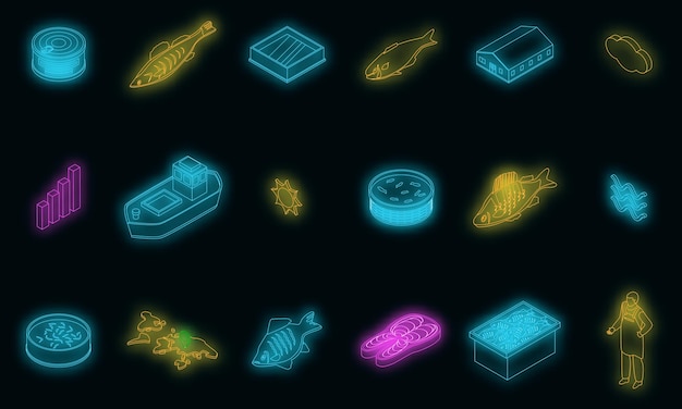 Le icone dell'allevamento ittico impostano il neon vettoriale