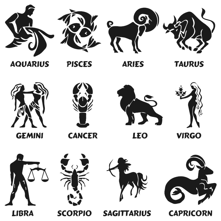 Vettore le icone dell'oroscopo dei segni zodiacali impostano immagini astrologiche isolate in semplice stile bianco e nero