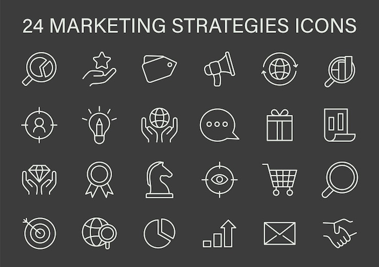 Vettore le icone delle strategie di marketing sono una raccolta di icone di linea che rappresentano le principali strategie di marketing