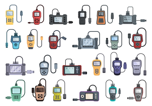 Le icone dello scanner diagnostico per auto impostano il vettore dei cartoni animati Computer digitale