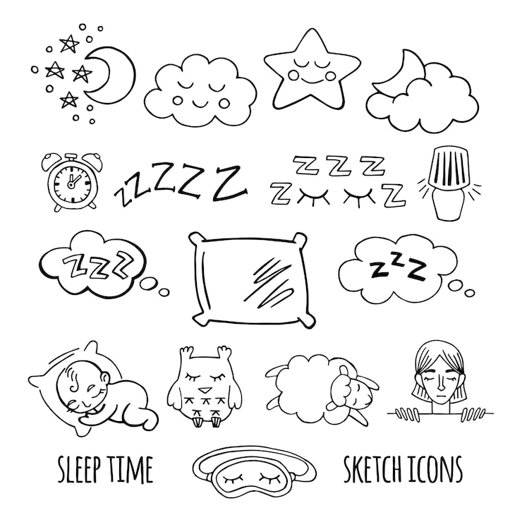 Vettore le icone dello schizzo del tempo di sonno impostano l'illustrazione vettoriale isolata clipart dell'ora del letto