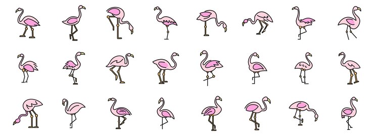 Vettore le icone di flamingo impostano la linea di colore vettoriale