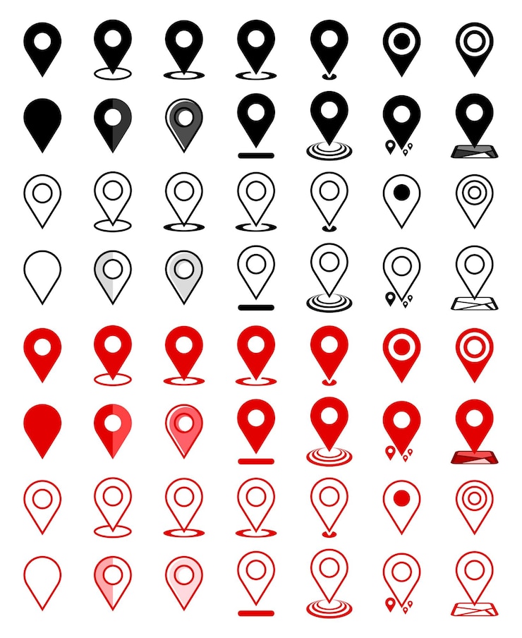 Vettore le icone di localizzazione del pin della mappa sono impostate in colori rosso e nero