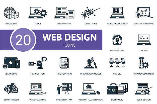 Le icone di web design impostano strumenti di modellazione di icone creative.