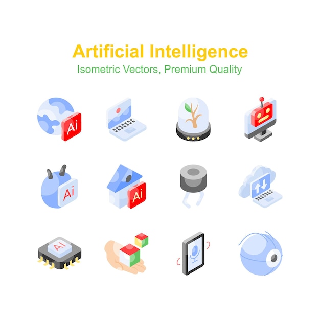 Le icone isometriche di intelligenza artificiale sono pronte per l'uso di vettori di qualità premium