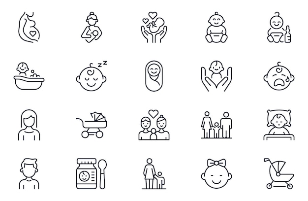 Le icone web della linea di assistenza all'infanzia impostano la genitorialità della collezione di icone di Outline della Giornata internazionale dei diritti dei bambini