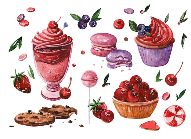 Le illustrazioni disegnate a mano dell'acquerello della confezione di dolciumi hanno messo le cialde e le ciambelle cupcakes e le caramelle su fondo bianco Collezione di dipinti di aquarelle di dolciumi