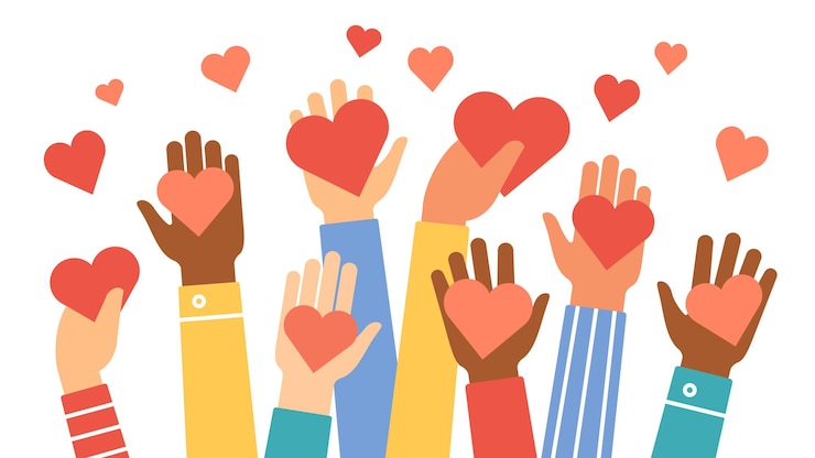 Vettore le mani donano i cuori. la carità, il volontario e il simbolo di aiuto della comunità con la mano danno il cuore. le persone condividono l'amore. concetto di vettore di san valentino. dare segno cuore rosso in mano illustrazione