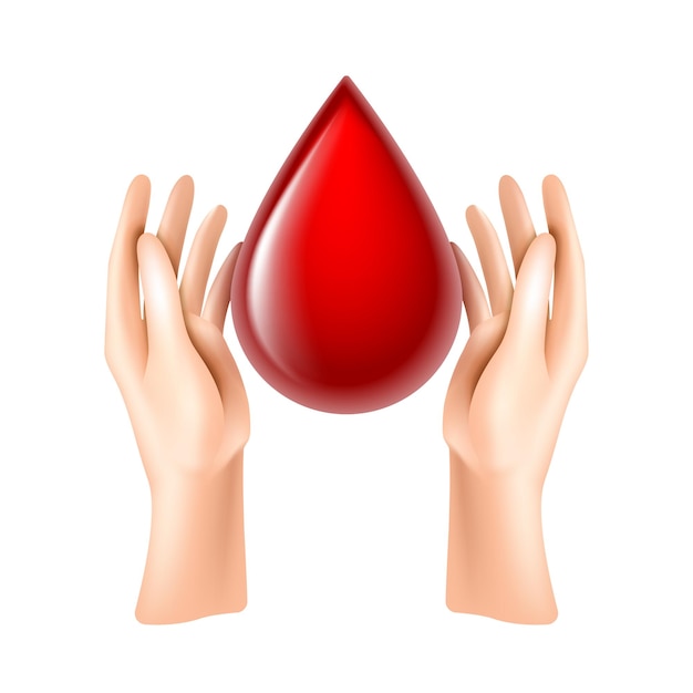 Le mani umane tengono la goccia di sangue banner in stile realistico Concetto di donazione di sangue