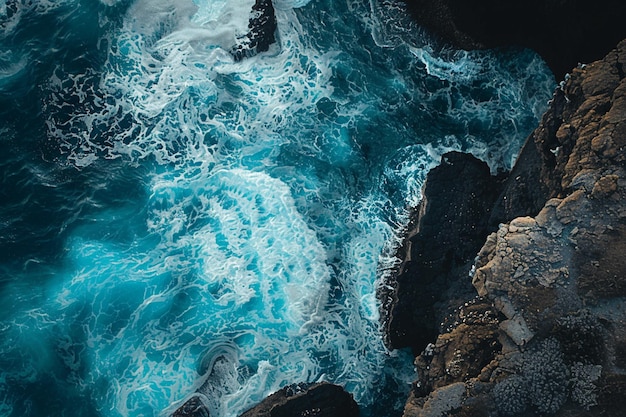 le onde hanno eroso le barriere coralline sulla riva immagine aerea del drone in alto guardando giù delle onde del surf