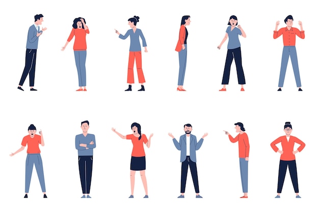 Le persone arrabbiate ascoltano e parlano La società scontrosa ha offeso l'incomprensione maschile Discutere le emozioni e i conflitti della donna e dell'uomo personaggi vettoriali recenti dell'illustrazione della conversazione arrabbiata della persona