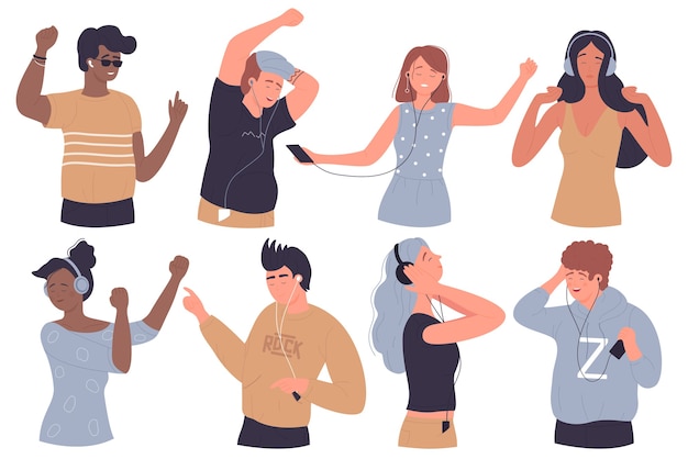Le persone ascoltano musica, godono del set di illustrazione del suono