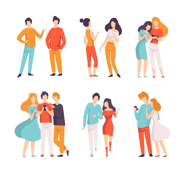 Le persone che comunicano mettono giovani uomini e donne vestiti in abiti casuali a parlare tra loro amici