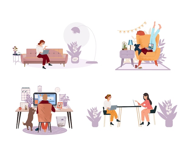 Le persone che lavorano studiando in condizioni confortevoli impostano l'illustrazione piatta vettoriale Persone freelance con computer a casa in quarantena Educazione allo shopping online Concetto autonomo uomo e donna