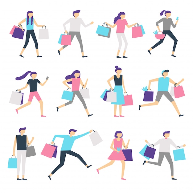Le persone con borse della spesa. Borsa per lo shopping uomo eccitato e donna eccitata. La gente felice compra regali in vendita set di caratteri vettoriali
