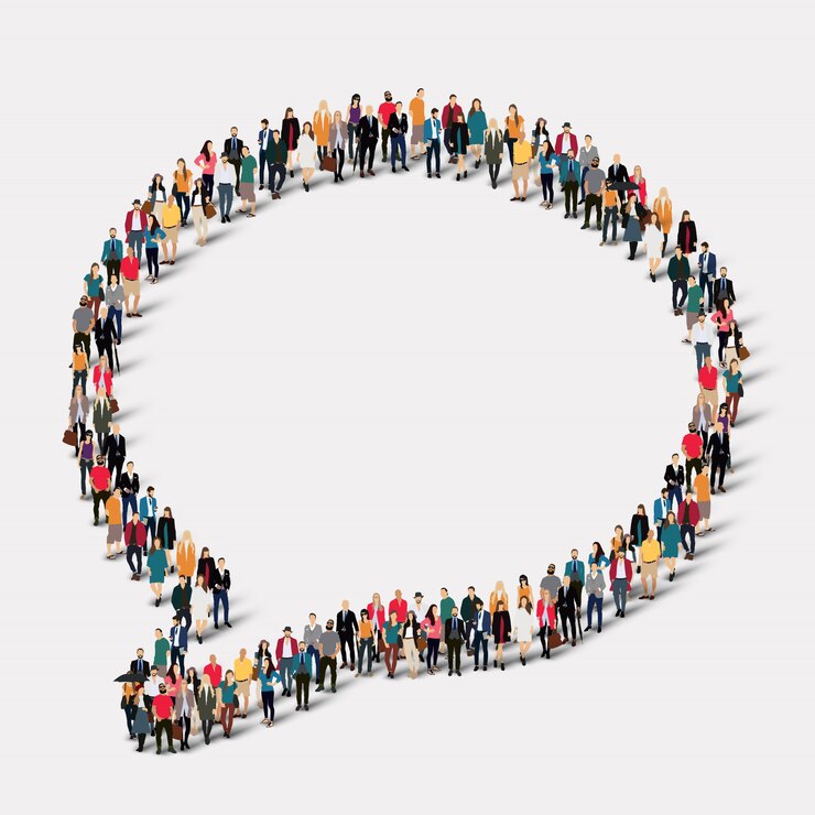 Le persone del gruppo modellano le bolle di chat. Gruppo di punti folla che forma una forma predeterminata.