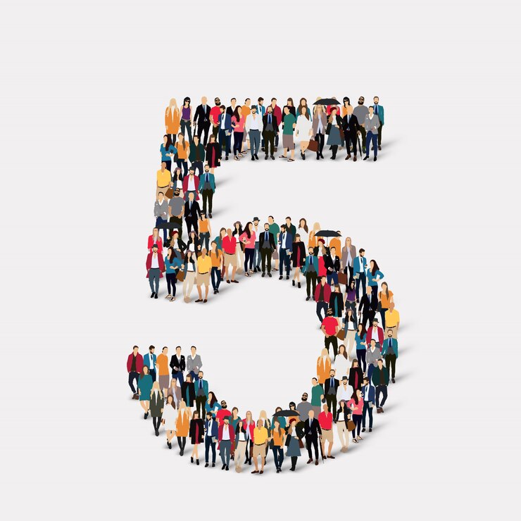 Le persone formano il numero cinque. Gruppo di punti folla che forma una forma predeterminata.