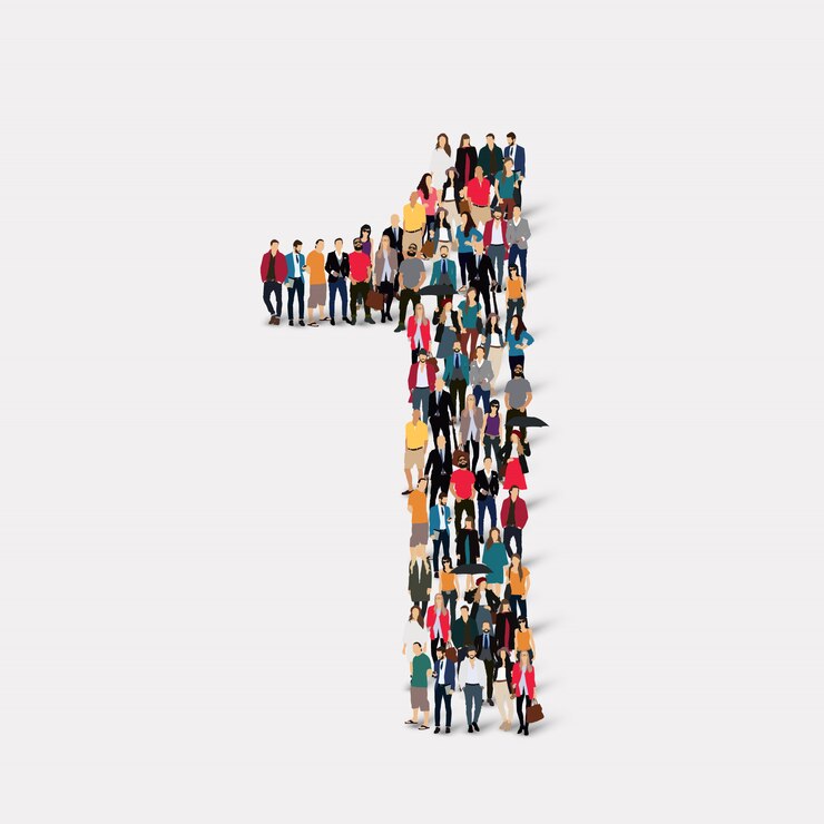 Le persone formano il numero uno. Gruppo di punti folla che forma una forma predeterminata.