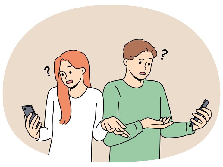 Vettore le persone imbarazzate con il telefono vedono un errore di connessione a internet wifi o una batteria scarica del gadget si alzano di spalle
