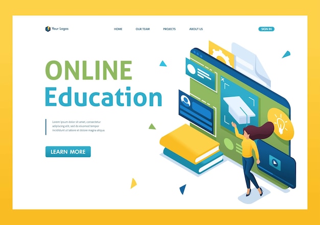 le persone sono impegnate nella formazione online utilizzando un tablet di istruzione online 3D isometrica Landing page