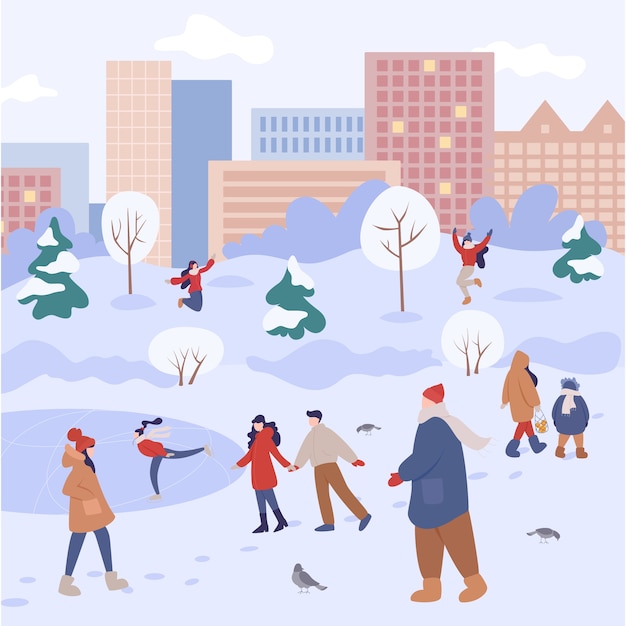 Le persone trascorrono del tempo all'aperto in inverno. Persone in abiti pesanti che svolgono attività invernali. Attività invernale in città con la famiglia.