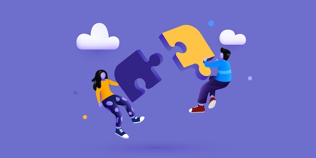 Le persone volano intorno al lavoro di squadra di cooperazione di puzzle e al concetto di partnership