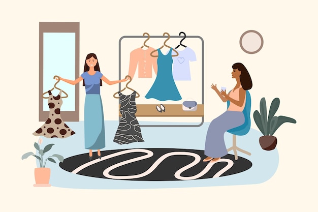 Le ragazze scelgono un nuovo guardaroba Stanno facendo shopping e si rilassano Routine quotidiana nella scelta di un outfit