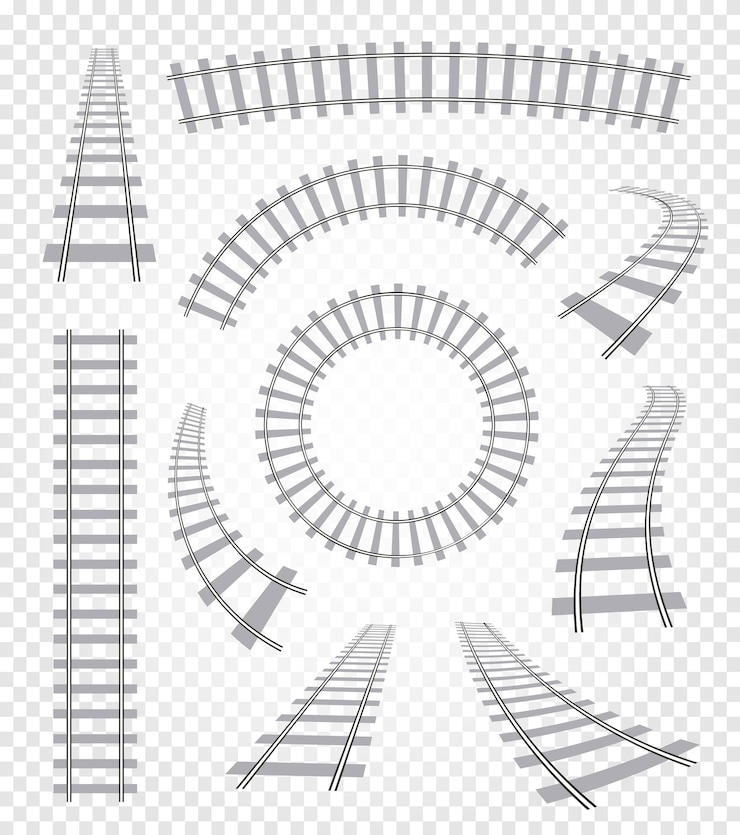 Vettore le rotaie curve e diritte isolate fissano le illustrazioni vettoriali degli elementi della scala di raccolta della vista dall'alto della ferrovia su sfondo bianco