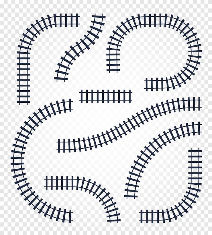 Vettore le rotaie curve e diritte isolate fissano le illustrazioni vettoriali degli elementi della scala di raccolta della vista dall'alto della ferrovia su sfondo bianco