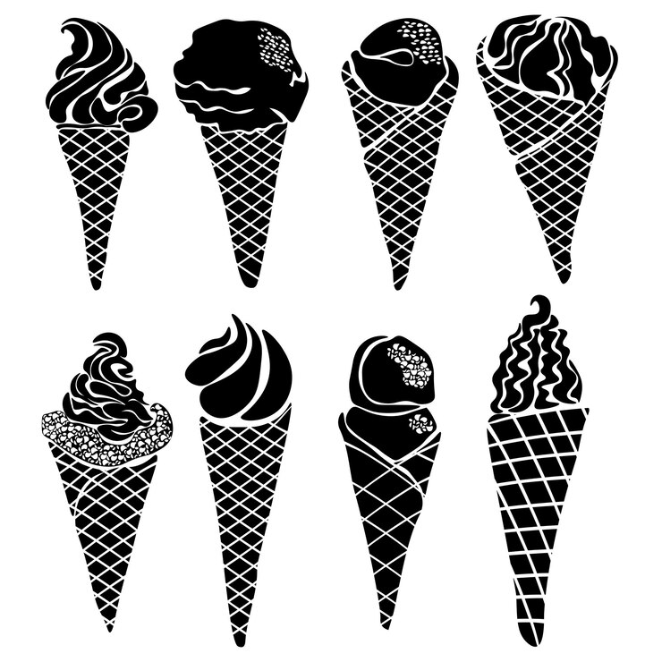 Le sagome dei coni gelato fissano vari dessert freddi con e senza condimenti
