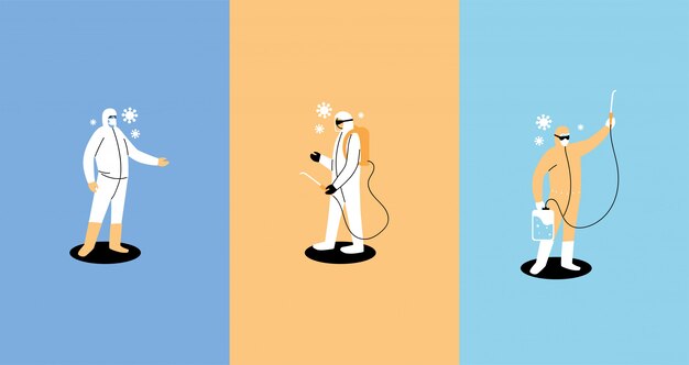 Le squadre di lavoro indossano una tuta protettiva, la disinfezione dei poster da coronavirus