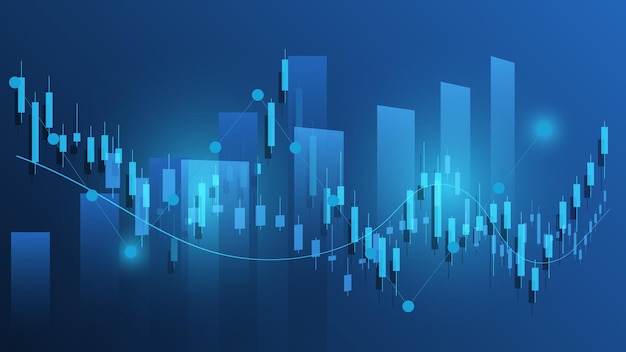 Le statistiche sulle attività finanziarie con grafico a barre e grafico a candele mostrano uno sfondo di guadagni efficaci