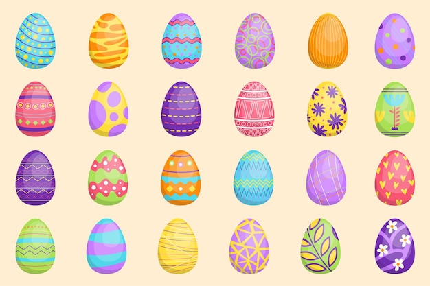 Le uova di Pasqua impostano elementi grafici in design piatto Fascio di simpatiche uova colorate con diversi motivi festivi in punti ornamenti geometrici o floreali festivi Illustrazione vettoriale oggetti isolati